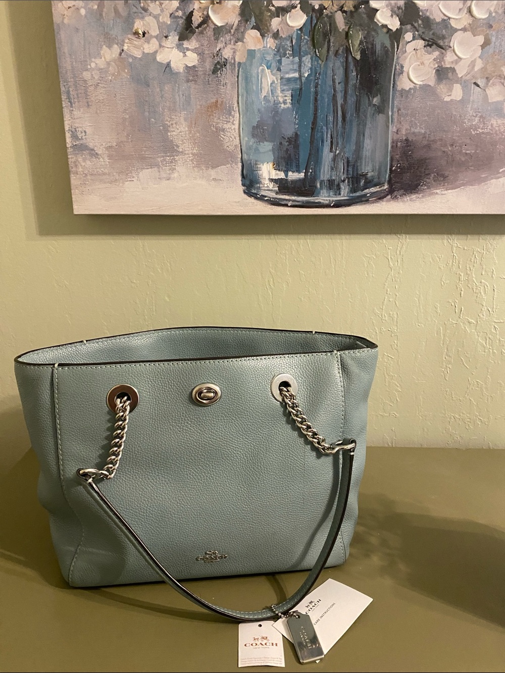 Coach Pebbled Leather Tote in Soft Blue